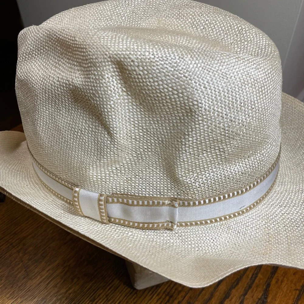 Stetson Straw Fedora Hat Cream Off White Woven Panama Style Size 7 5/8 61cm Luxe - Picture 2 of 15